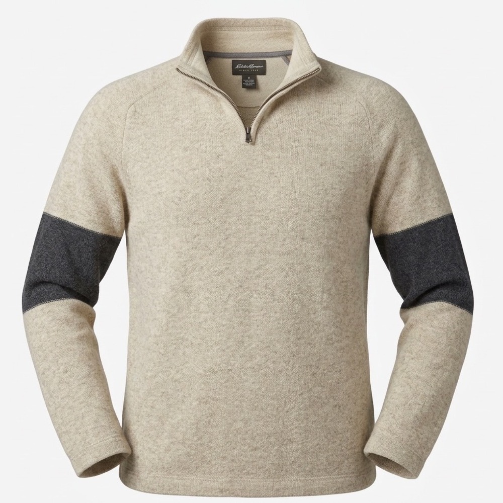 Eddie Bauer Mens Lambswool Quarter Zip Sweater Oatmeal Gray Stripe Tall Large